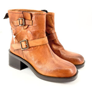 Roan by Bed Stu Spry Leather Engineer Booties Sz 9 Pecan Austin Double Buckle